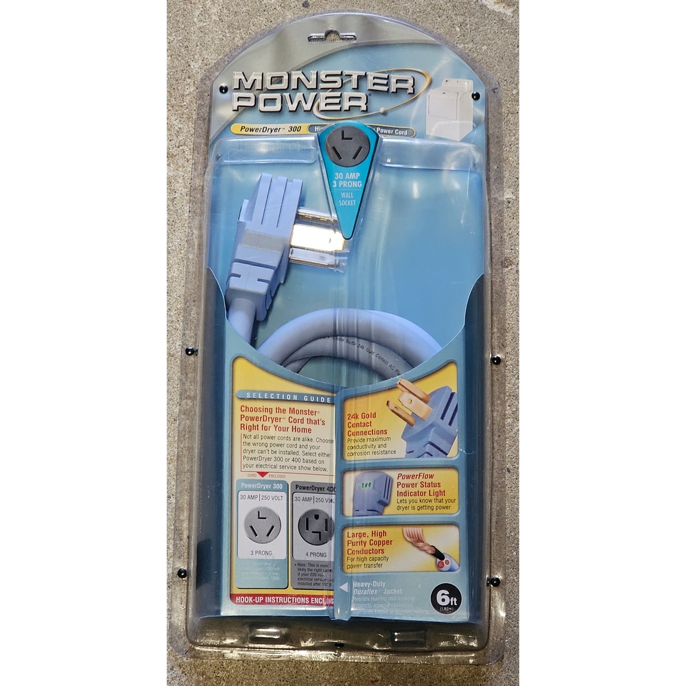 Monster Power - PowerDryer 300 Dryer Cable 6FT - 3 Prong -‎ Unopened!